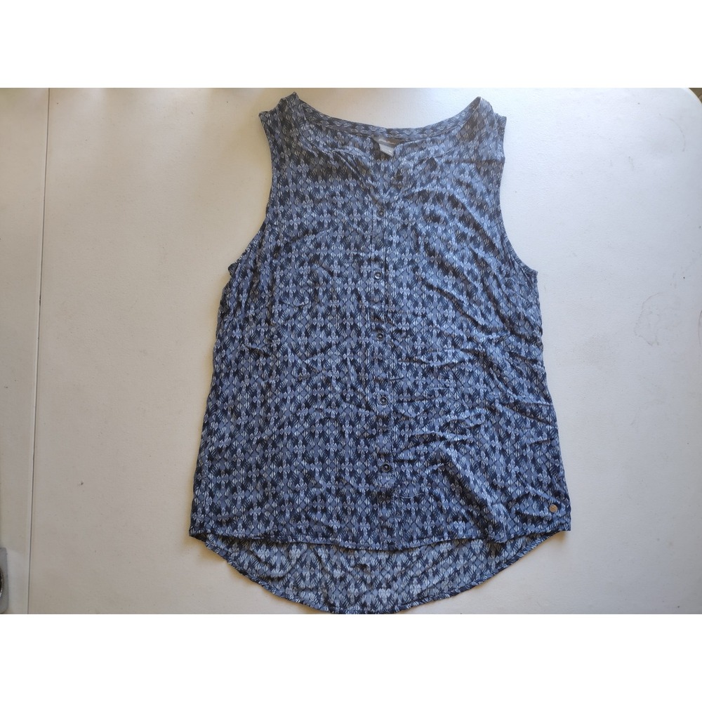 Eddie Bauer Womens Blue Geometric Ikat‎ Print Sleeveless Rayon Button Blouse M